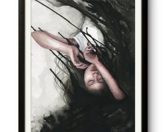 May include: A watercolour painting of a woman with long dark hair lying on her back, her arms crossed over her chest, with black ink dripping down around her. The woman's eyes are closed and her mouth is slightly open. The background is a dark, abstract design.