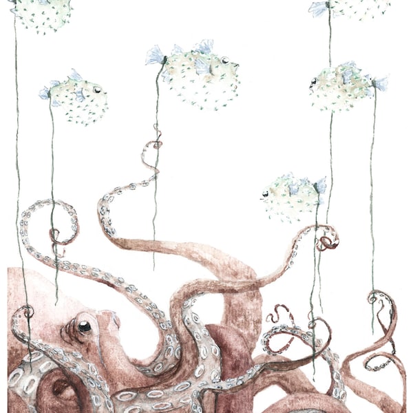 It's My Party: Print of Original Watercolor Painting, Ocean Animals, puffer fish, balloon, Octopus, Whimsical, Octopus Art, Fits Ribba