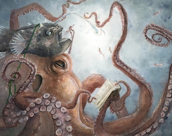 Light Reading: Print of Original Watercolor Painting, Ocean Animals, Sea life, Octopus, Nursery, Angler Fish, Book, Underwater Whimsical