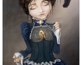 Let Go: Print of Original Oil Painting, Figurative, Victorian, Surreal, Bird Cage, Doll, Pocket Watch, Canary, Abstract, Doll, Symbolism
