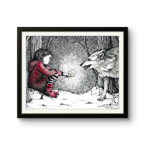 Caperucita Roja: Impresión de dibujo original en tinta y acuarela.