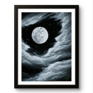 Pleine lune : impression de la peinture originale à l'encre de Chine et à la gouache. Céleste, Nuit, Giclée d'impression