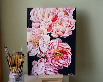 Peony painting, on wood panel, peonies