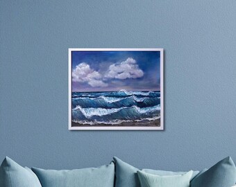 Large original oil painting, framed, stormy ocean, seascape, wall decor