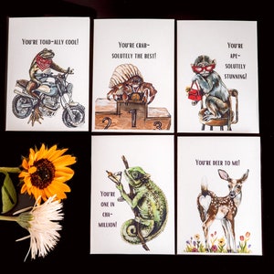 Cartões comemorativos com 5 unidades | 5 cartas | Cartões de animais | Cartões em aquarela | Trocadilhos com animais | Cartões engraçados | Cartões de animais