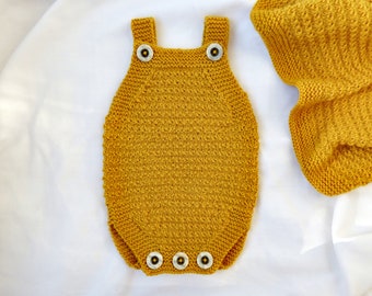 Knitting Pattern - Derey Romper (one-piece). Sizes: 0-3 months (3-6 months) 6-12 months (12-24 months). Download PDF in English