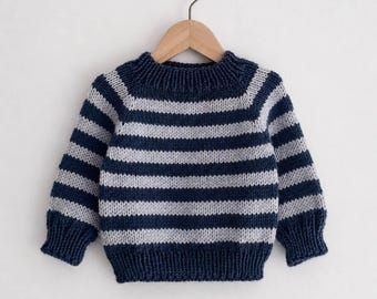 Molde de tricô para suéter listrado de bebê em PDF (PT) | Suéter raglan sem costura tricotado de cima para baixo | 0–24 meses