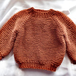 May include: A rust-colored knitted sweater with a crew neck and long sleeves.