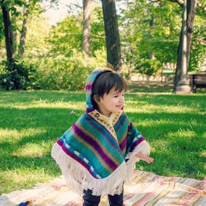 Alpaca Wool Knitted Poncho for Kids, Boho Hooded Toddler Cape with Fringe, Handmade Woven Ethnic Print Wrap, Childrens Fall Clothing Gift image 1