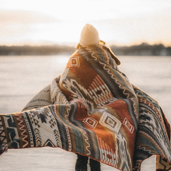 Queensize alpacawollen deken | Azteekse omkeerbare deken met geometrisch patroon | Boho deken voor picknick | weggegooid