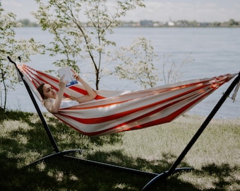 Handwoven Cotton Hammock with cream and orange stripes | Double Hammock Outdoor Patio decor | Large Hammock Swing | Handmade Hammock boho