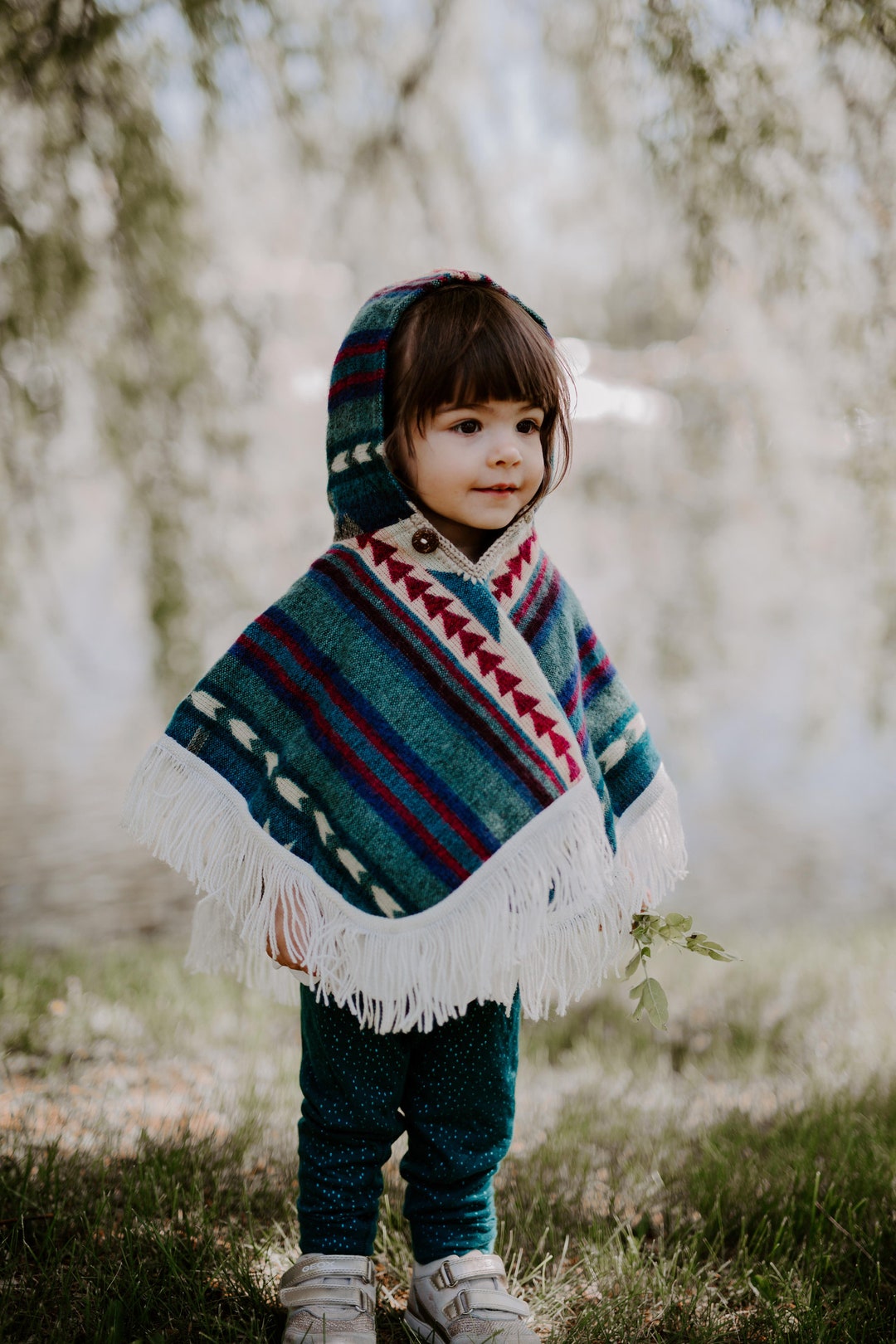 Alpaca Wool Knitted Poncho for Kids, Boho Hooded Toddler