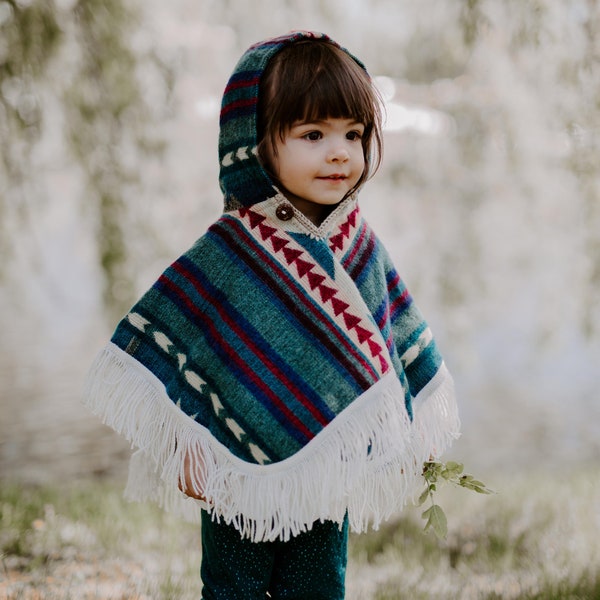 Alpaca Wool Knitted Poncho for Kids, Boho Hooded Toddler Cape with Fringe, Handmade Woven Ethnic Print Wrap, Children’s Fall Clothing Gift