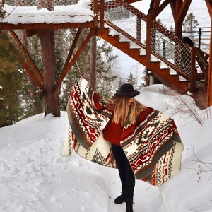 Alpaca wool blanket in Queen Size Reversible Aztec Throw Blanket with Native Design Southwestern Blanket Boho Home goods gift image 8