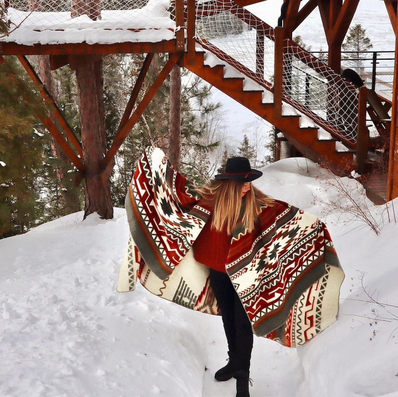 Alpaca wool blanket in Queen Size Reversible Aztec Throw Blanket with Native Design Southwestern Blanket Boho Home goods gift image 8