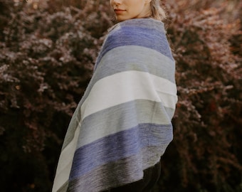 Alpaca Shawl, Alpaca scarf blue stripes - alpaca wrap wedding - chic oversized scarf - Hygge scarf - blue and cream alpaca shawl, pashmina