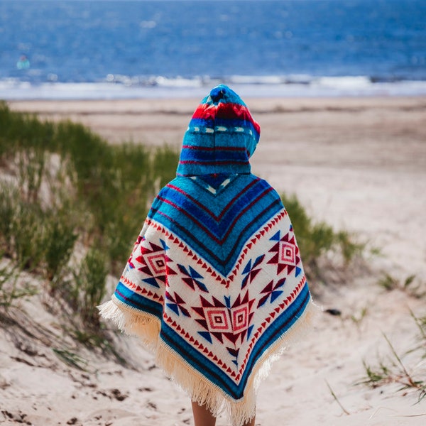 Unisex baby poncho, Alpaca poncho, Blue poncho toddler, Unisex kid outerwear, hoodie toddler, boho baby, ethnic print poncho, poncho boy