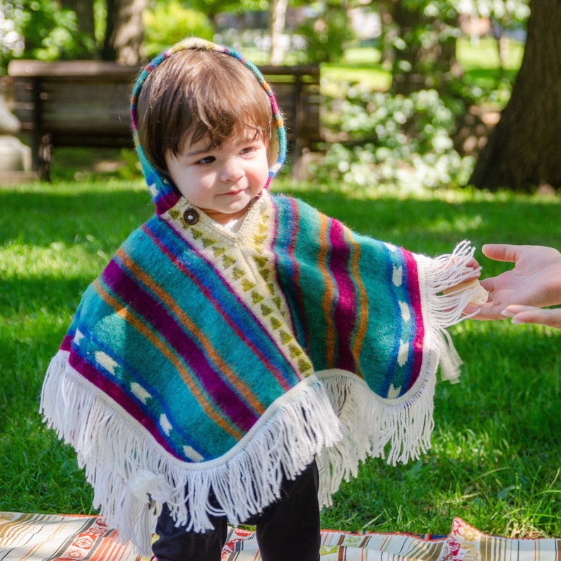 Alpaca Wool Knitted Poncho for Kids, Boho Hooded Toddler Cape with Fringe, Handmade Woven Ethnic Print Wrap, Childrens Fall Clothing Gift image 6