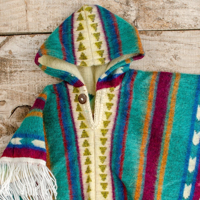 Alpaca Wool Knitted Poncho for Kids, Boho Hooded Toddler Cape with Fringe, Handmade Woven Ethnic Print Wrap, Childrens Fall Clothing Gift image 4