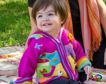 Children knitted sweater with colorful embroidered animals - toddler hoodie - Animal Jacket - Baby cardigan - first birthday outfit girl