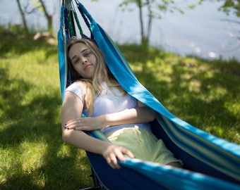 Handwoven Cotton Hammock with blue and green pattern | Boho Hammock Outdoor Patio Furniture | Large Hammock Swing | Handmade Hammock boho