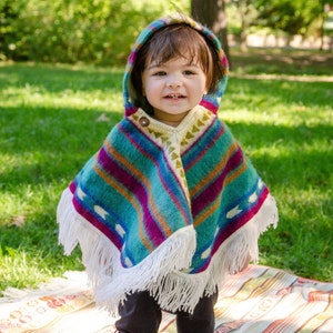 Alpaca Wool Knitted Poncho for Kids, Boho Hooded Toddler Cape with Fringe, Handmade Woven Ethnic Print Wrap, Childrens Fall Clothing Gift image 5