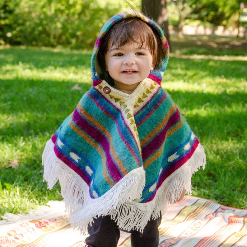 Alpaca Wool Knitted Poncho for Kids, Boho Hooded Toddler Cape with Fringe, Handmade Woven Ethnic Print Wrap, Childrens Fall Clothing Gift image 5