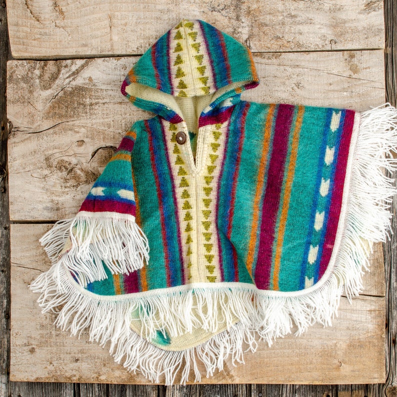 Alpaca Wool Knitted Poncho for Kids, Boho Hooded Toddler Cape with Fringe, Handmade Woven Ethnic Print Wrap, Childrens Fall Clothing Gift image 3