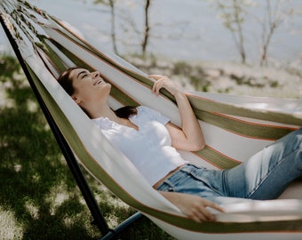 Handwoven Cotton Hammock with cream and green stripes | Boho Hammock Outdoor Patio Furniture | Large Hammock Swing | Handmade Hammock boho