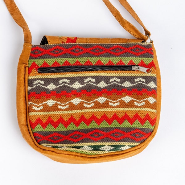 Colorful shoulder bag, suede and hand-woven handbag, fair trade purse, ethnic pattern bag, Andean print handbag, brown suede travel purse