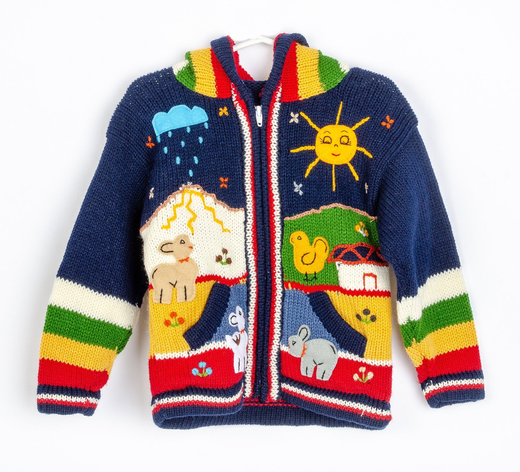 Children knitted sweater with colorful embroidered animals | Etsy