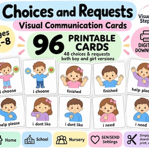 Peut inclure: Un ensemble de 96 cartes de communication visuelle imprimables intitulées Choices and Requests pour les 2-8 ans. Les cartes présentent des illustrations de dessins animés avec des textes comme i choose, finished, help please, i dont like, i need.