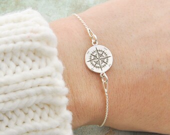 Compass Rose College Student Gift, Engraved Compass Bracelet Wanderlust Jewelry Best Graduation Gift, Coordinates Jewelry