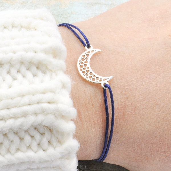 Moon Star Bracelet with full moon pendant, make a wish bracelet with silver crescent moon, gold horn casual bracelet