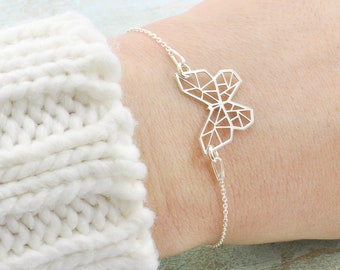 joyería de mariposa de plata con cadena de plata, pulsera de cadena de mano de joyería boho, joyería de origami de plata joyería geométrica, pedir un deseo