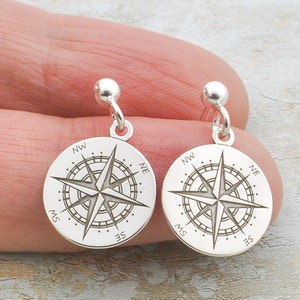Silver Engraved Compass charm Earrings nautical compass, wanderlust jewelry coordinate jewelry, compass rose jewelry mismatched earrings
