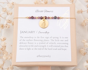 Snowdrop January Birth Flower Bracelet with Garnet January Birthstone