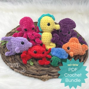 PDF No-Sew Ocean Animal BUNDLE Crochet Pattern ebook. 7 Plush Jelly Bean Amigurumi Patterns: Turtle, Octopus, Seahorse, Squid, Crab + Fish