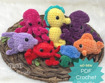 PDF No-Sew Ocean Animal BUNDLE Crochet Pattern ebook. 7 Plush Jelly Bean Amigurumi Patterns: Turtle, Octopus, Seahorse, Squid, Crab + Fish