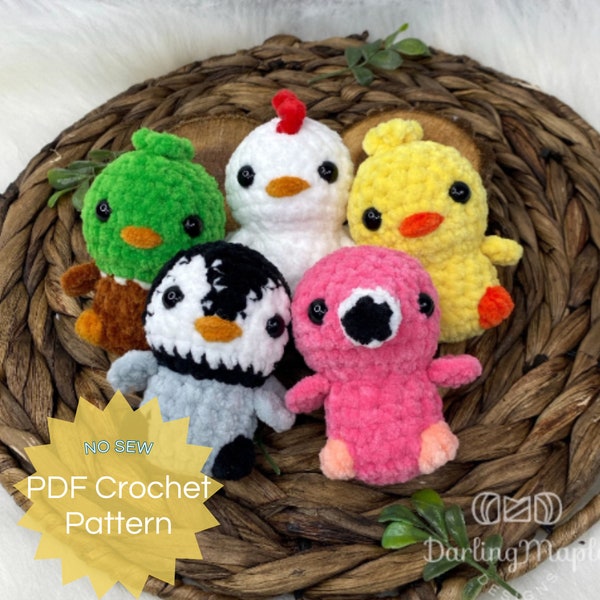 PDF 5 in 1 Mini Bird Dolls: No Sew Jelly Bean Birds Crochet Pattern. Flamingo, Penguin, Baby Chick, Chicken, Mallard Duck Amigurumi Softie