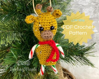 PDF Giraffe Crochet Pattern. Low-Sew Safari Candy Cane Ornament. Cute Mini Christmas Decoration. Jungle Giraffe Hanging Amigurumi Plushie