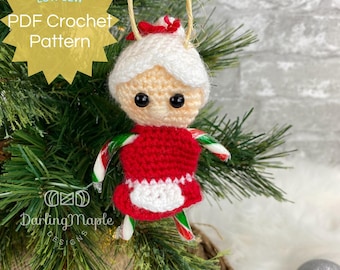 PDF Mrs Claus Crochet Pattern. Low-Sew Mother Christmas Candy Cane Ornament. Cute Mini Christmas Decoration. Hanging Amigurumi for Xmas