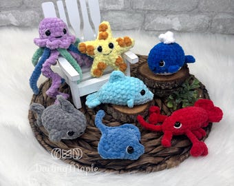 PDF No-Sew Ocean Animal BUNDLE Crochet Patterns set. 7 Mini Stuffie Amigurumi: Jellyfish, Starfish, Whale, Dolphin, Lobster, Shark, Stingray