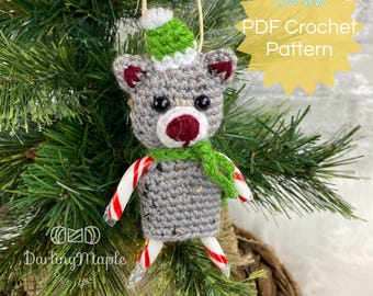 PDF Kitty Cat Crochet Pattern. Low-Sew Pet Cat Candy Cane Ornament. Cute Mini Christmas Decoration. Farm Animal Hanging Amigurumi