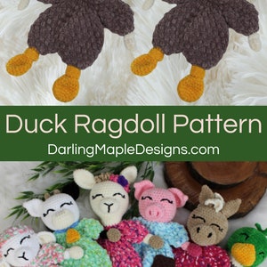 May include: Crochet ragdoll pattern for a duck. The pattern is available on the website DarlingMapleDesigns.com. The image shows two finished duck ragdolls in brown and yellow with green heads. The image also shows a variety of other crochet ragdolls, including a llama, a pig, a horse, and a lamb.