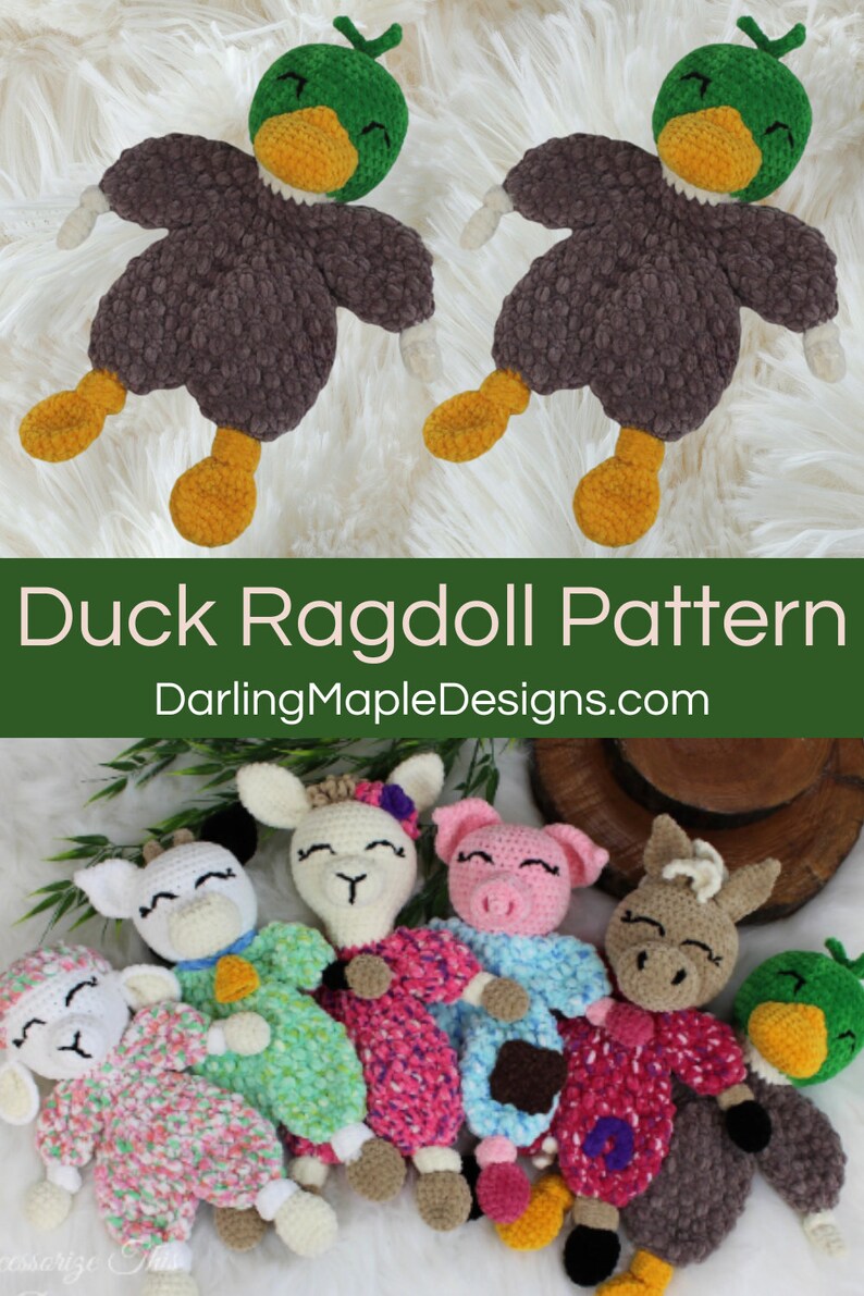 May include: Crochet ragdoll pattern for a duck. The pattern is available on the website DarlingMapleDesigns.com. The image shows two finished duck ragdolls in brown and yellow with green heads. The image also shows a variety of other crochet ragdolls, including a llama, a pig, a horse, and a lamb.
