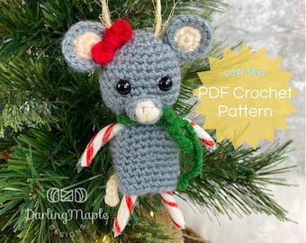 PDF Mouse Crochet Pattern. Low-Sew Mice Candy Cane Ornament. Cute Mini Christmas Decoration. Mouse Hanging Amigurumi Stuffy Softie