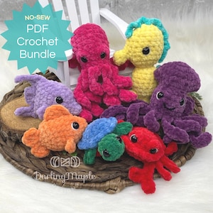 PDF No-Sew Sea Creature BUNDLE Crochet Pattern ebook. 7 Plush Jelly Bean Amigurumi Patterns: Turtle, Octopus, Seahorse, Squid, Crab + Fish