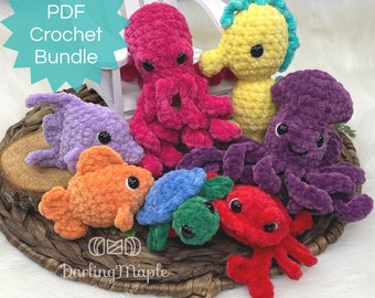 PDF No-Sew Sea Creature BUNDLE Crochet Pattern ebook. 7 Plush Jelly Bean Amigurumi Patterns: Turtle, Octopus, Seahorse, Squid, Crab + Fish