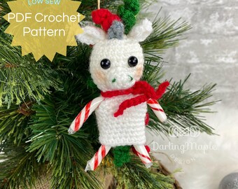 PDF Unicorn Crochet Pattern. Low-Sew Magical Candy Cane Ornament. Cute Mini Christmas Decoration. Unicorn Hanging Amigurumi Stuffy Softie